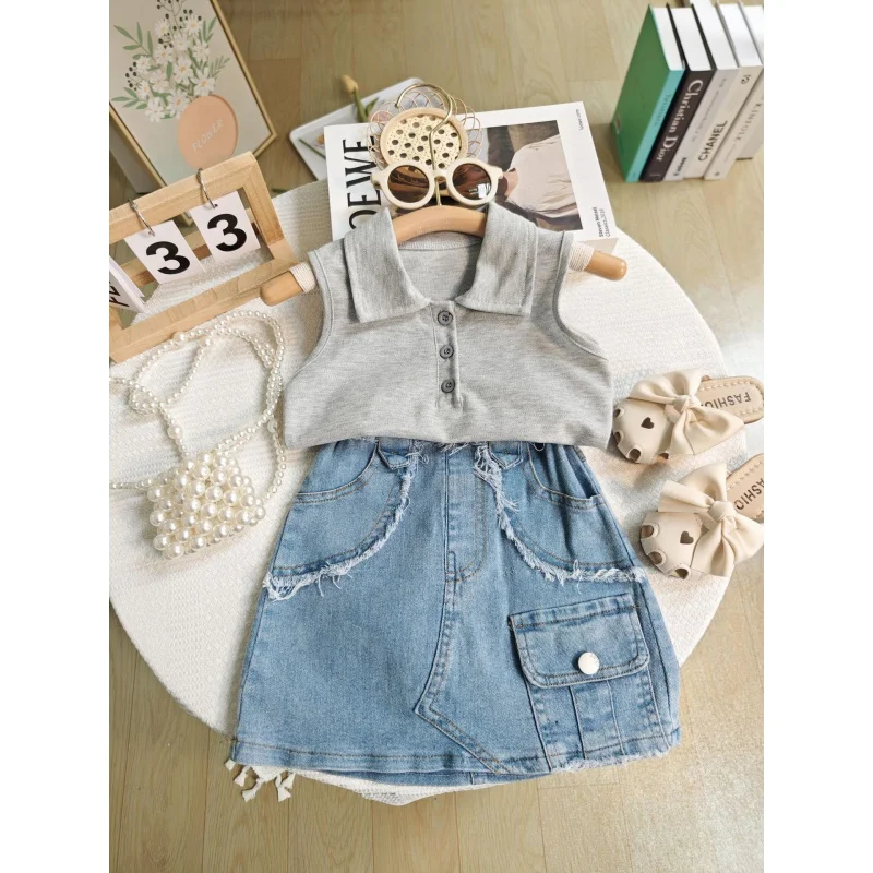 

2024Summer New Girls' Suit Fashion Lapel Sleeveless Top Denim Skirt Two-Piece SuitWS