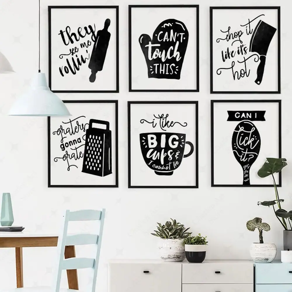 Utensilios de cocina dibujados a mano, tazas grandes, cuchara, citas, impresiones artísticas de pared, pintura en lienzo, póster