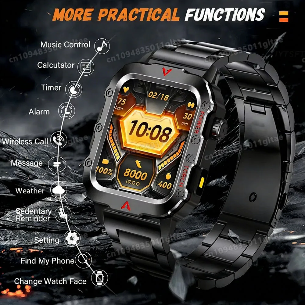 2026 New Smart Watch Bluetooth Talk LED Flashlight Multi-function Outdoor Sports IP68&5ATM Waterproof Smart Watch for Men Women