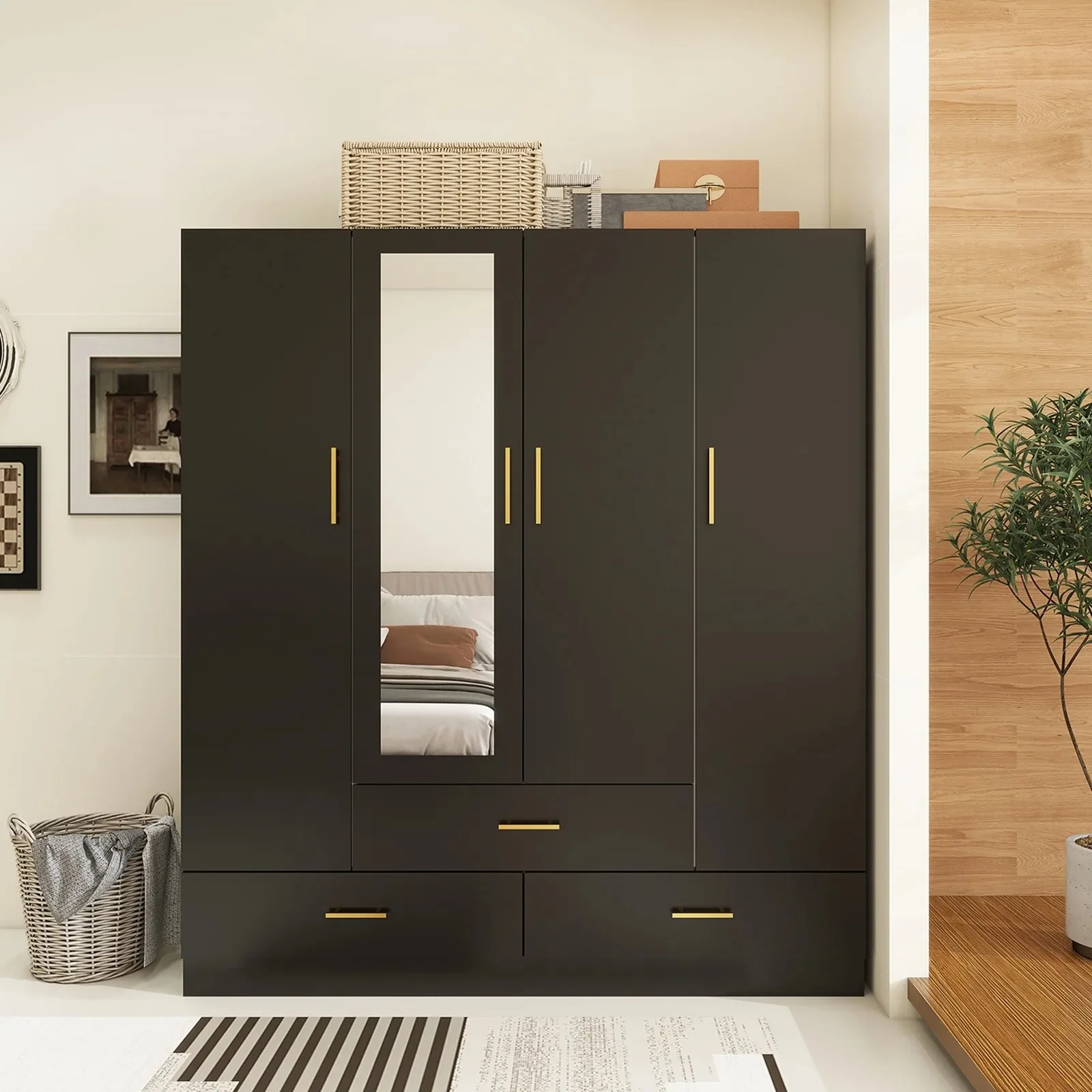 Modern standing White 4 Door Wardrobe Armoire Closet with Full Length Mirror Hanging Rods and 3 Drawerspromote sales