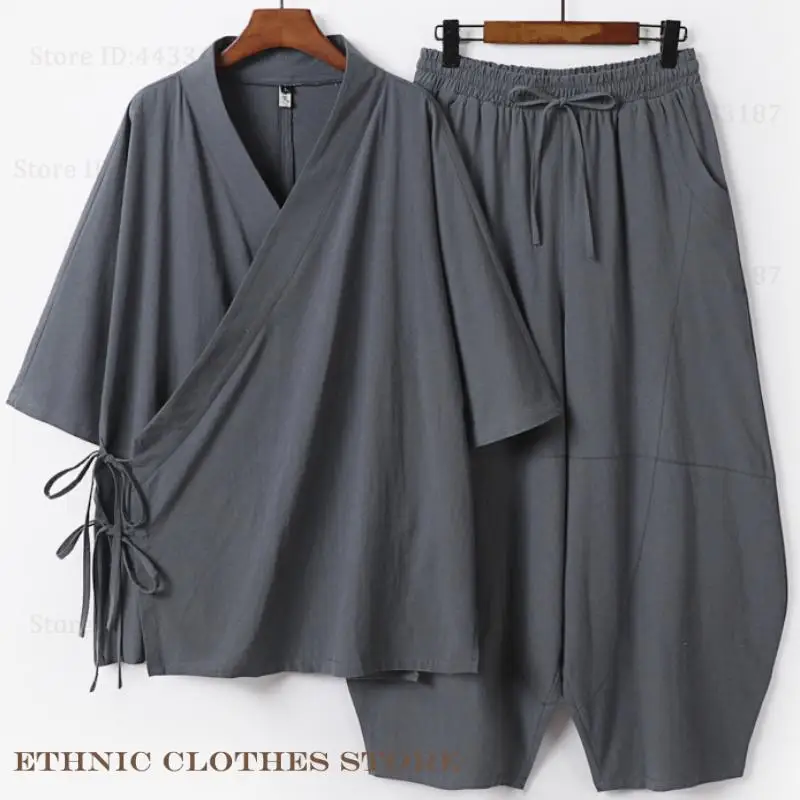 Plus Size 3XL-9XL Men Japanese Kimono Cardigan Pants Set Cotton Linen Yukata Haori Samurai Costume Harajuku Loose Jacket Suit