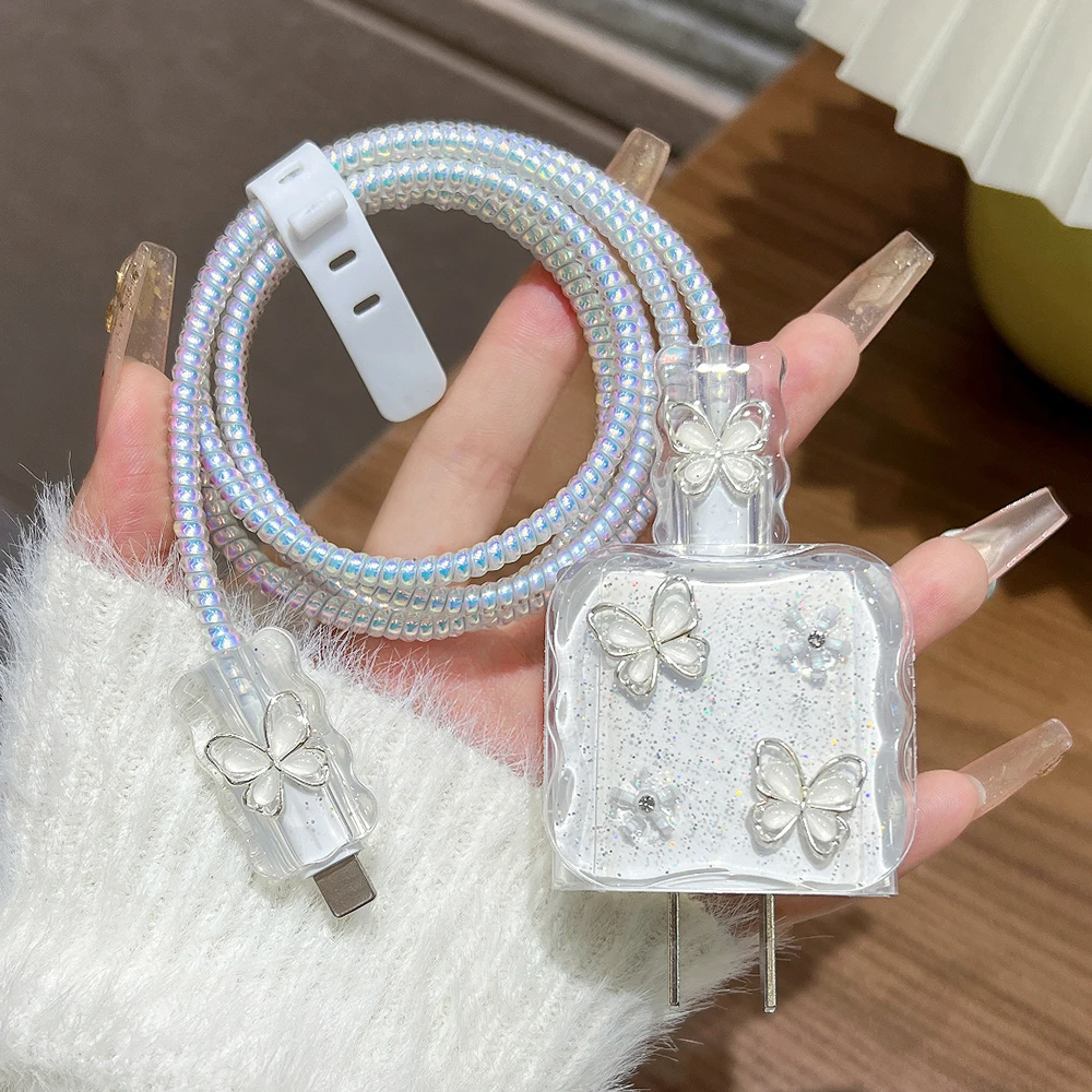 Cute Flower Soft Silicone Charger Cable Protector Case For iPhone 17 16 Pro Max 18W 20W US Clear Charging Head Protection Cover
