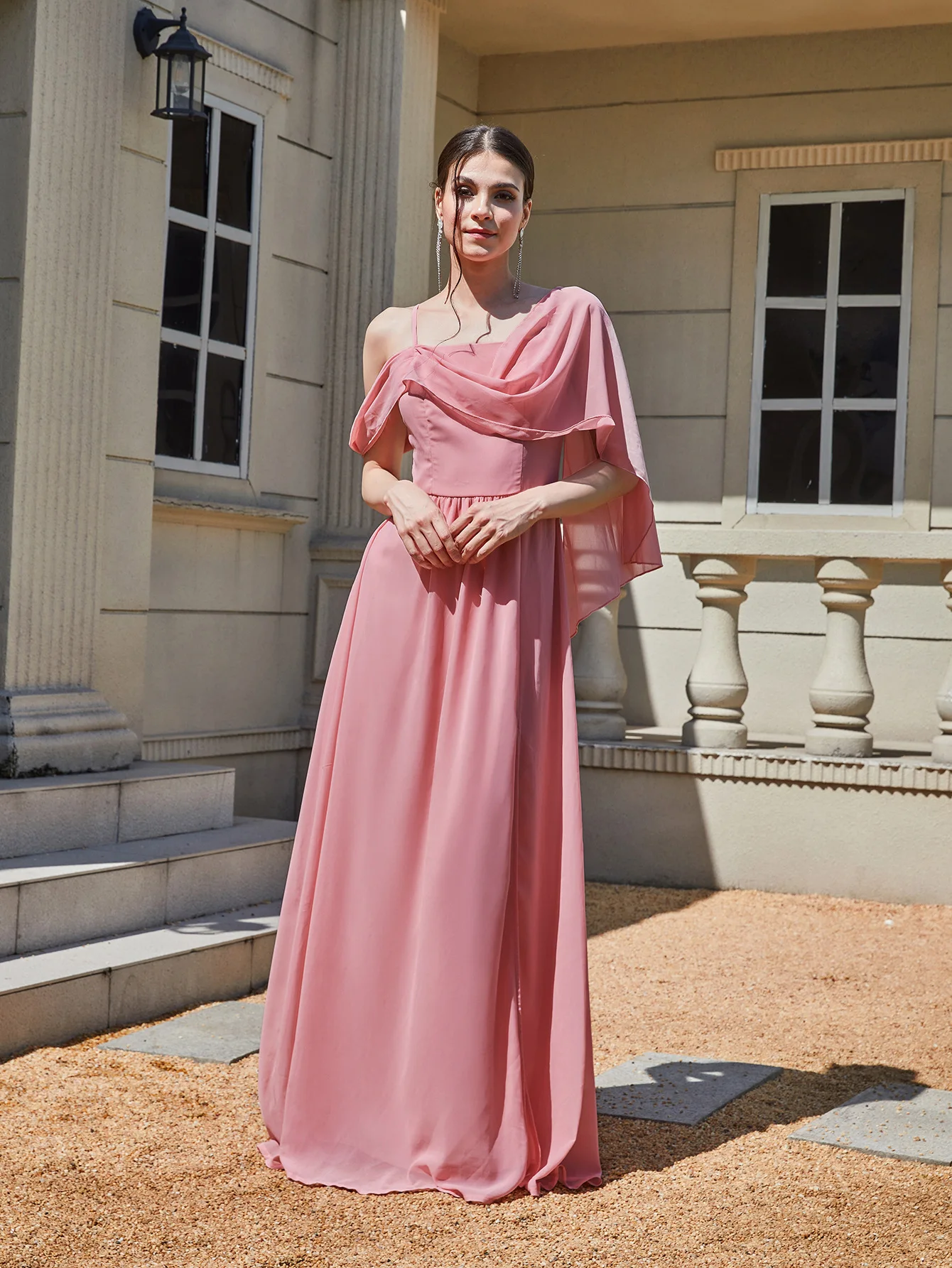 Women's long pink bridesmaid dress 2024 diagonal strap collar high slit vest soft backless evening dress ball dress