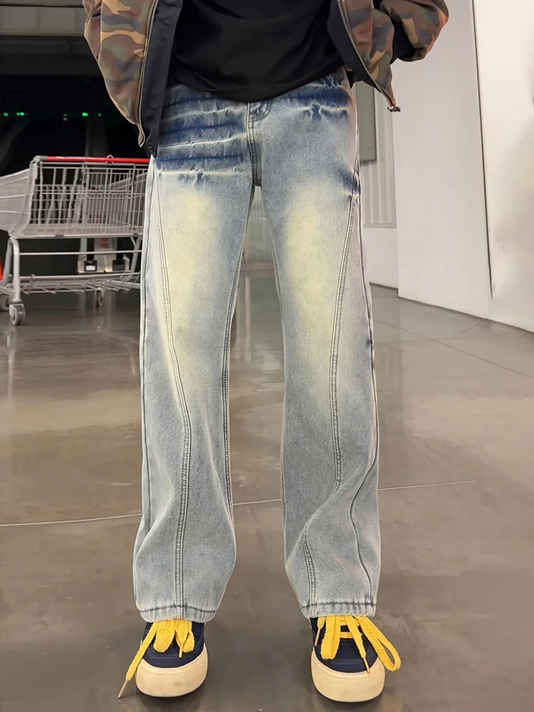 

Retro Blue Lightning Pattern Fce Lined Men's Jeans High Waist Slimming Flared Pants American Vibe Winter Casual Straight Leg