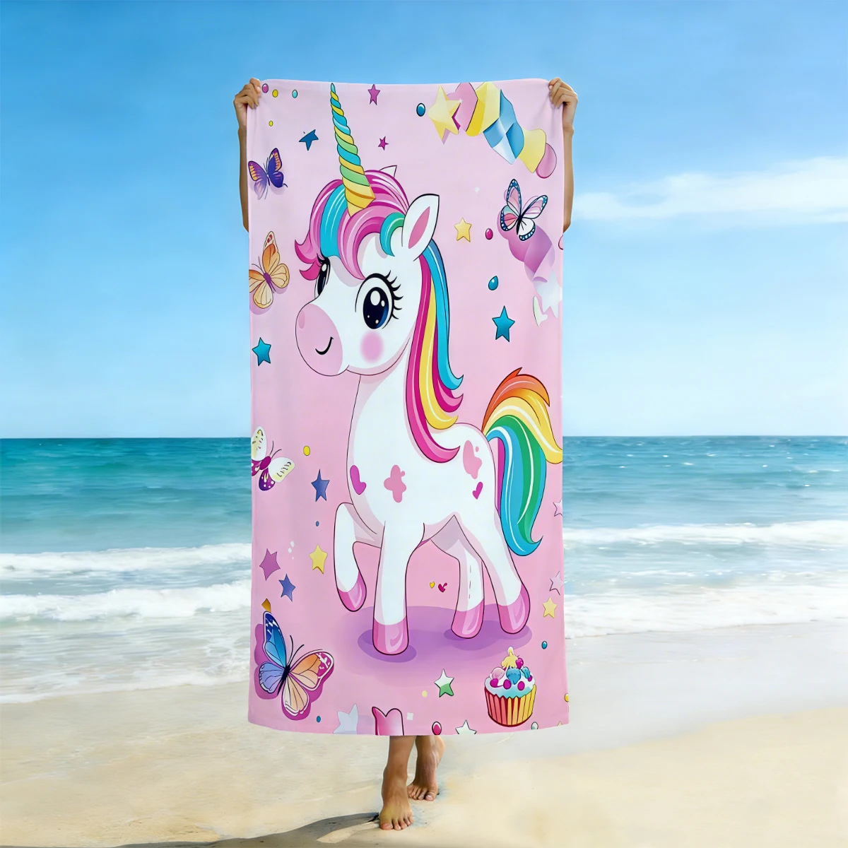 1 Stück Strandtuch mit Cartoon-Motiv, niedliches Einhorn-Print, saugfähiges und schnell trocknendes Handtuch, Strandtuch aus ultrafeiner Faser zum Schwimmen