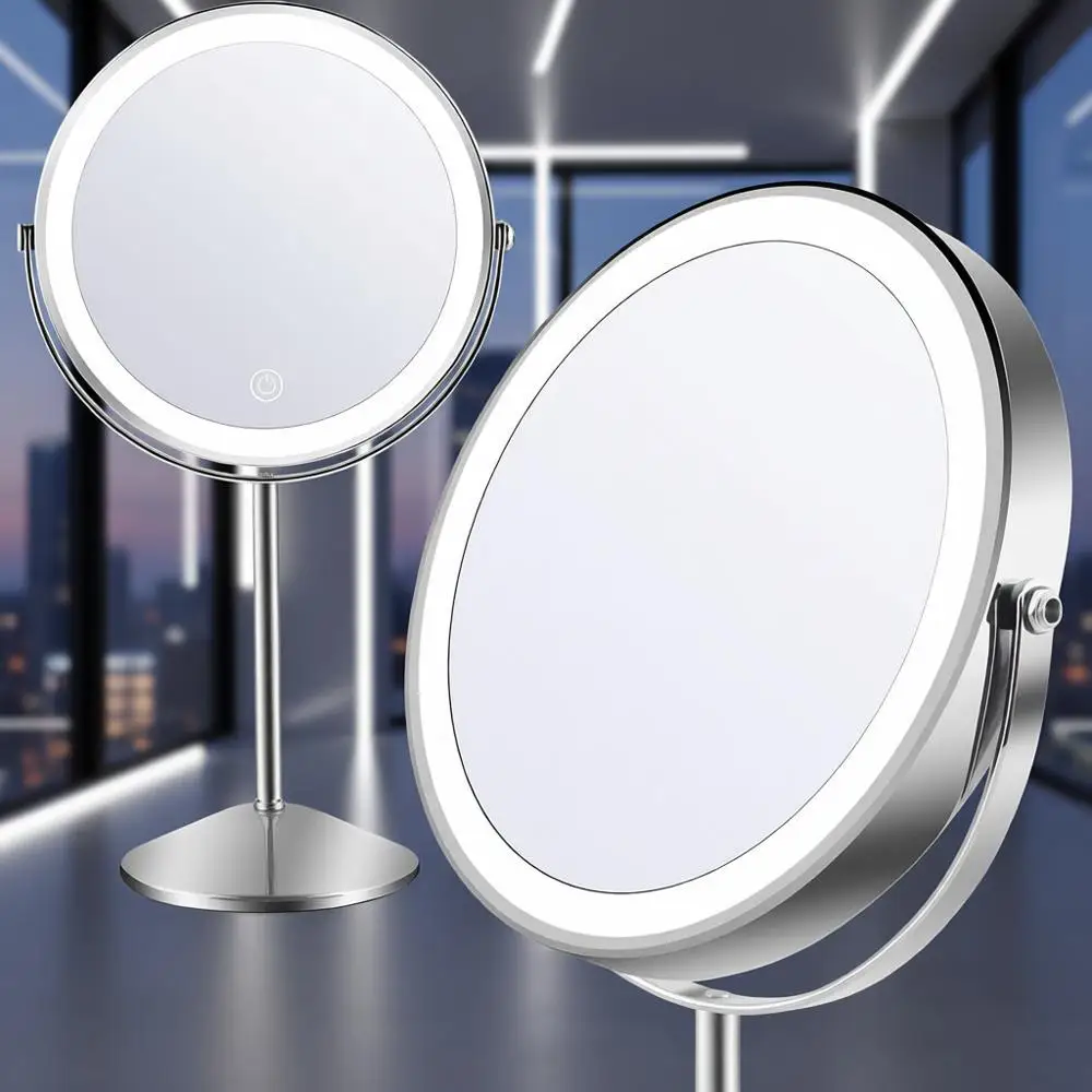 

Двустороннее зеркало для макияжа с подсветкой, 8 круглыми стеклами, батарея 3000 мАч, 3 цвета освещения, 10-кратное увеличение, вращение на 360 градусов