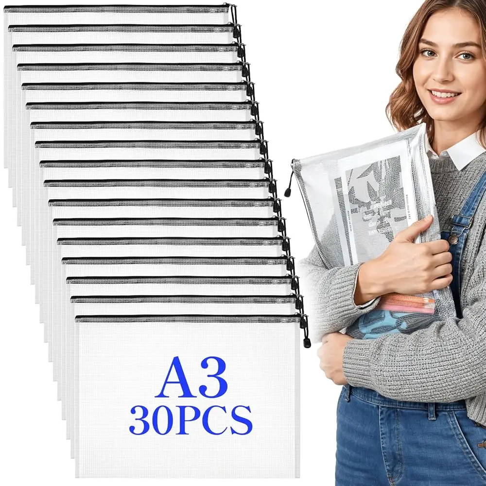 

30 Pcs Plastic Mesh Zipper Pouch Bags, Waterproof A3 Size 17x12 In Large Zipper Storage Bags, Document File Folders, Reusabl