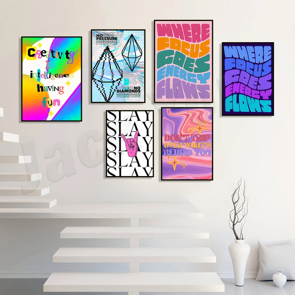 Y2K prints, 2000s art, typography, positive energy posters, inspirational art, geometric art modern aesthetics, trendy prints