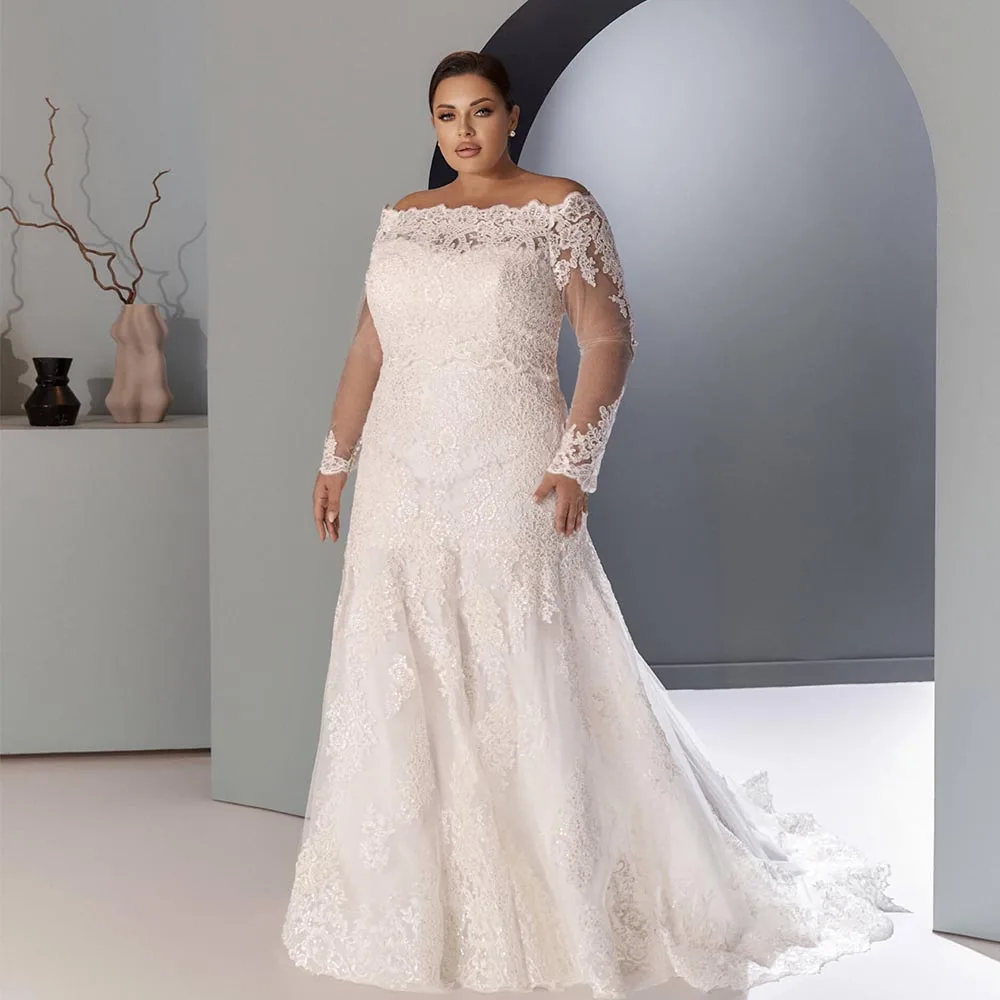 Plus Size Wedding Dresses For Bride Bateall Mermaid Bridal Gowns With Train Long Sleeve Lace Appliques Brides dress Customized