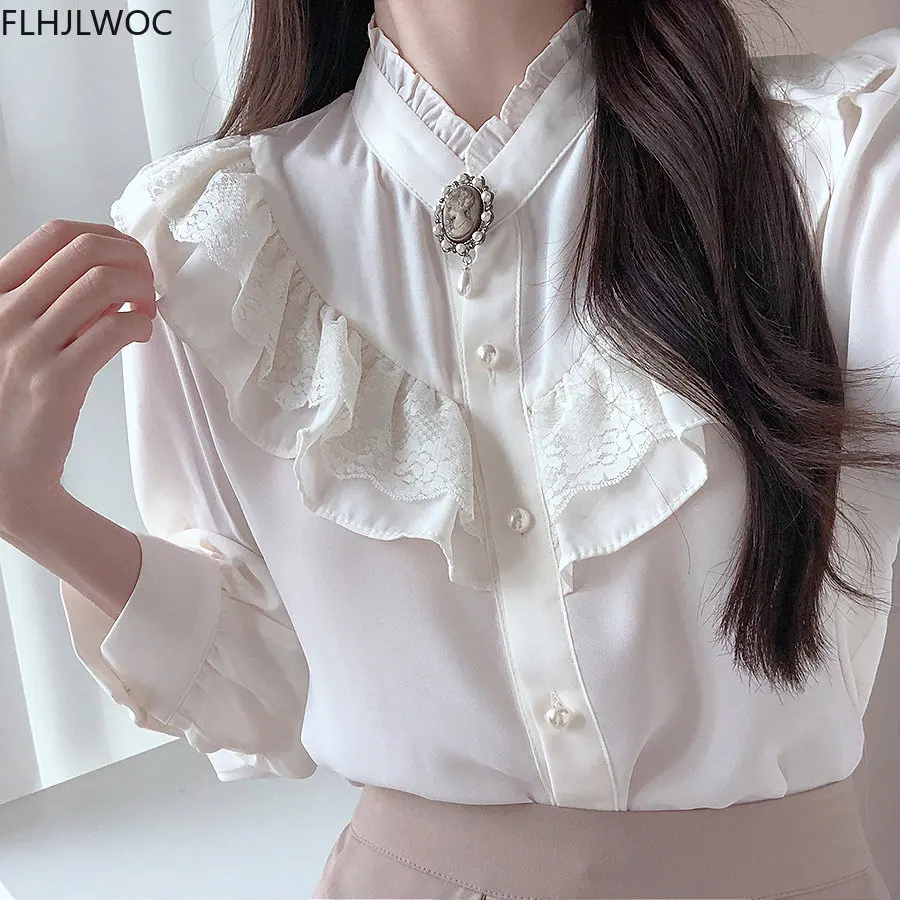 2022 Autumn Women\'s Cute Sweet Girls Vintage White Lace Ruffled Ribbon Tops Hot Sales Button Elegant Formal Shirts Blouses White