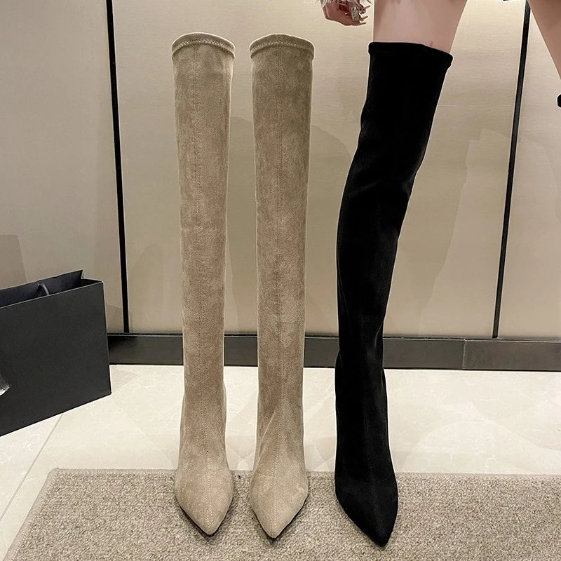 

Pointed Toe Over The Knee Thigh Boots Women's Block Heel Skinny Leg High Heel High Boots Skinny in Autumn and Winter Stretch
