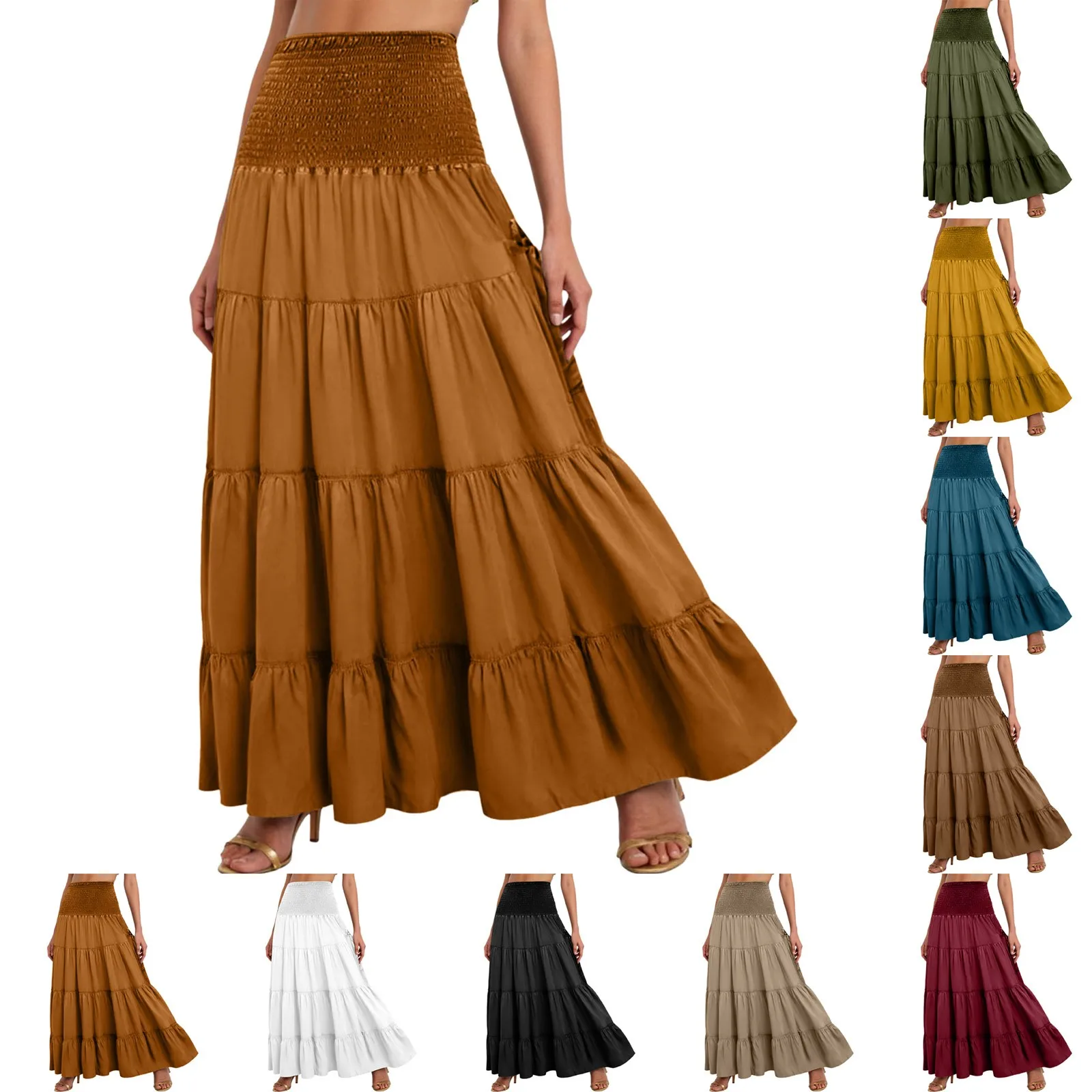 Boho Tiered A-Line Skirt Women Forest Fairy Pockets Patchwork Long Dress Elastic Waist Vintage Hippie Gypsy Maxi Skirt