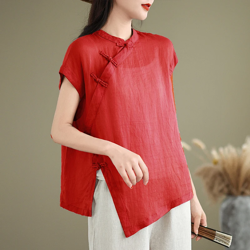Retro Chinese Sle ort Sve Katoen Linnen irt Dames Zomer Nationale Sle Schuine Kraag Knop Verbeterd tot...