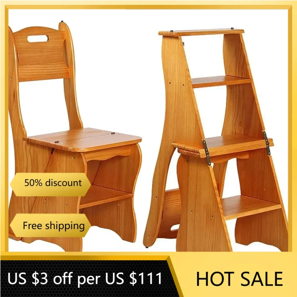 4-Step Stool Dual Purpose Ladder Wooden Folding Library Ladder Chair