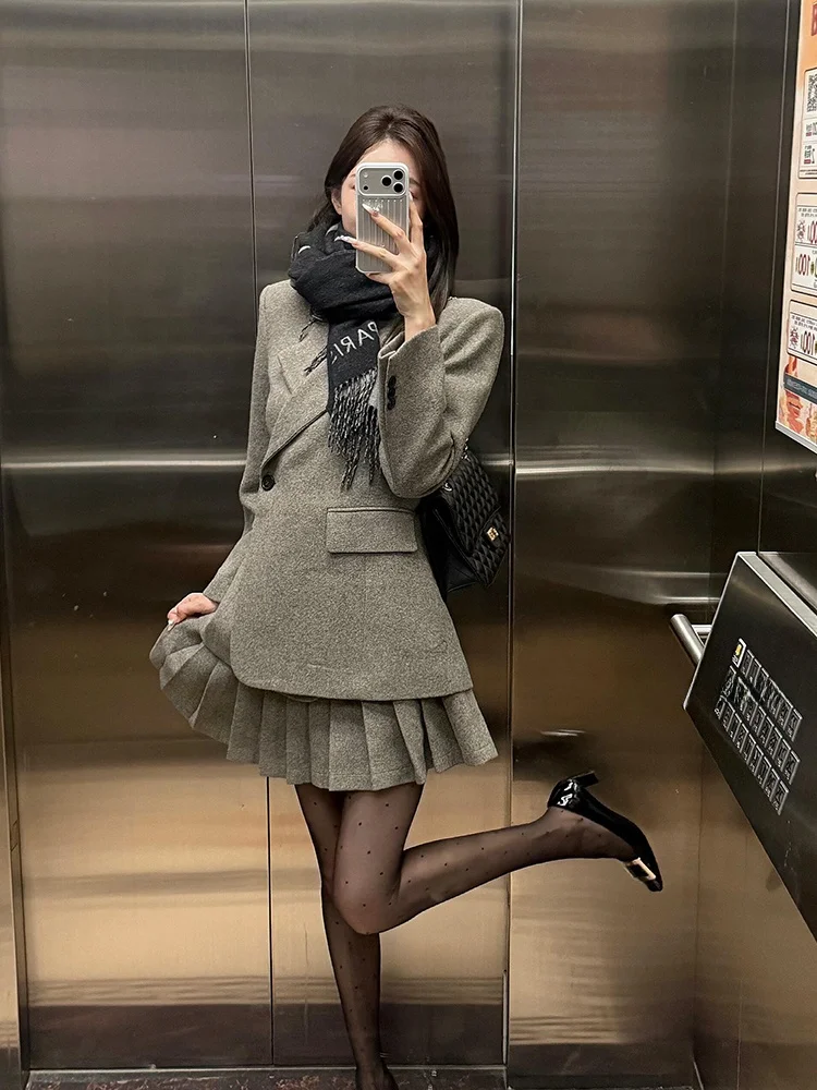 Gray SYXATN High Intelligence Waistcoat Suit Jacket with Asymmetrical Zipper And Skirt Set for Women Autumn Winter Fashion
