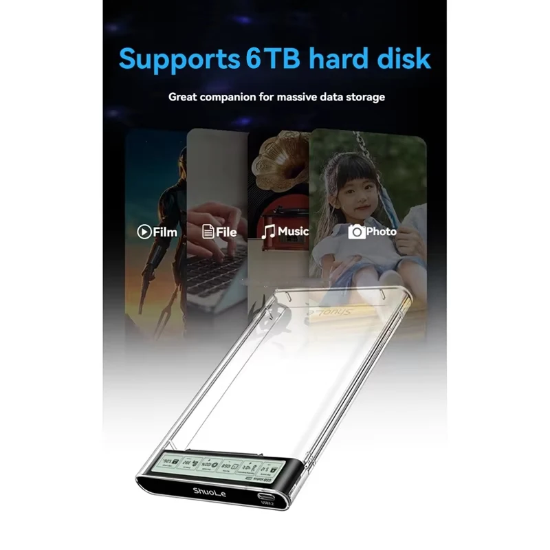 Caja HDD externa USB3.2, carcasa HDD transparente de 2,5 pulgadas con pantalla de visualización, carcasa USB a HDD SSD tipo C de 5Gbps para ordenador portátil y PC