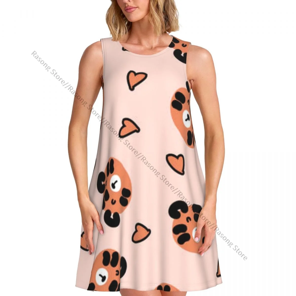 Damesjurk Zomer Casual T-shirt Jurken Strand Cover-up Tijgergezichten en hartenprint Tankjurk