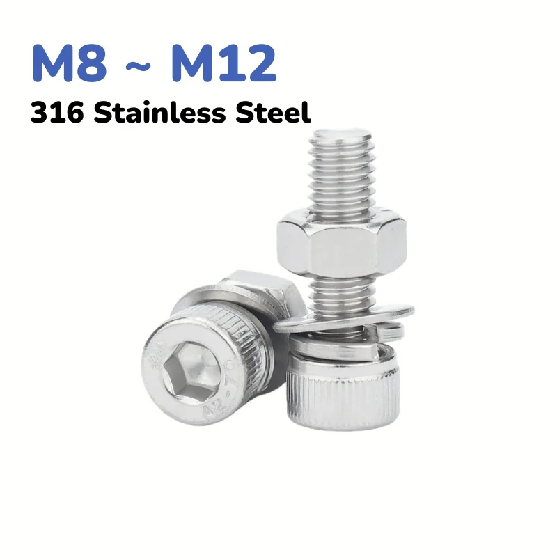 316 Stainless Steel  Allen Head Bolts and Nuts Kits Hexagon Hex Socket Head Knurled Cap Head with Washers Screw M8~M12