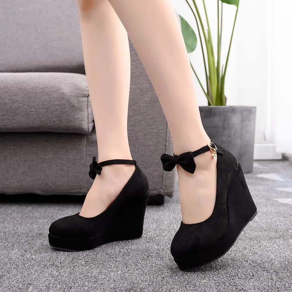 New Wedges Pumps Classical Women High Heels Wedged Shoes Platform Heel 10.5cm Sexy Ladies Strap Bowtie Autumn Casual Shoes