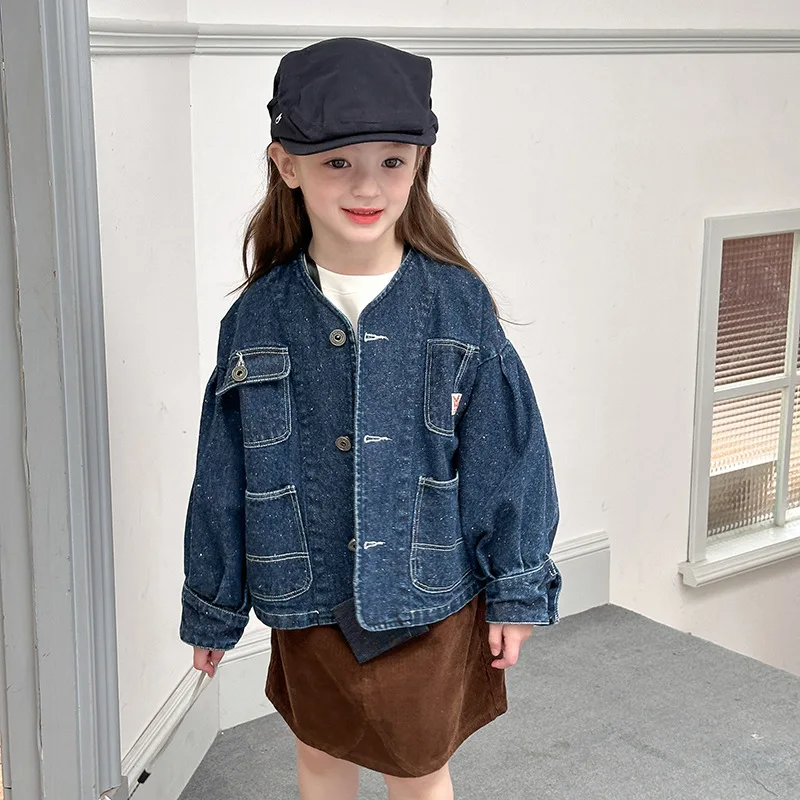 Modelo resistente ~ 2024 outono menina bebê versão coreana moda bolso workwear feng shui lavagem jaqueta jeans