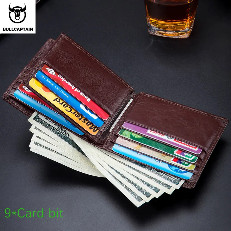 BULLCAPTAIN Men\'s Leather Wallet New Genuine Leather RFID Card Holder Man Wallet Fashion Small Logo Horizontal Photo Frame Clip