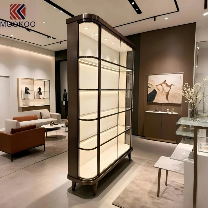 custom.Hot-sale Factory Curved Bronze Metal Tall Glass Display Cabinet with LED Lighting  Freestanding Showcase Luxury Retai
