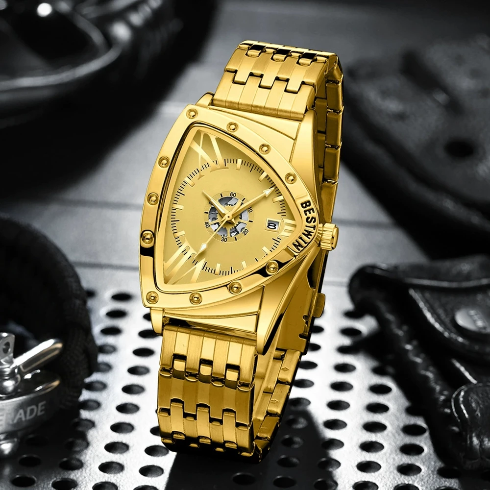 Fashion BestWin Roman Numberal Triangle Dial Mens Stainless Steel Watch Creative Luxury Man Male Waterproof Business Date Watch
