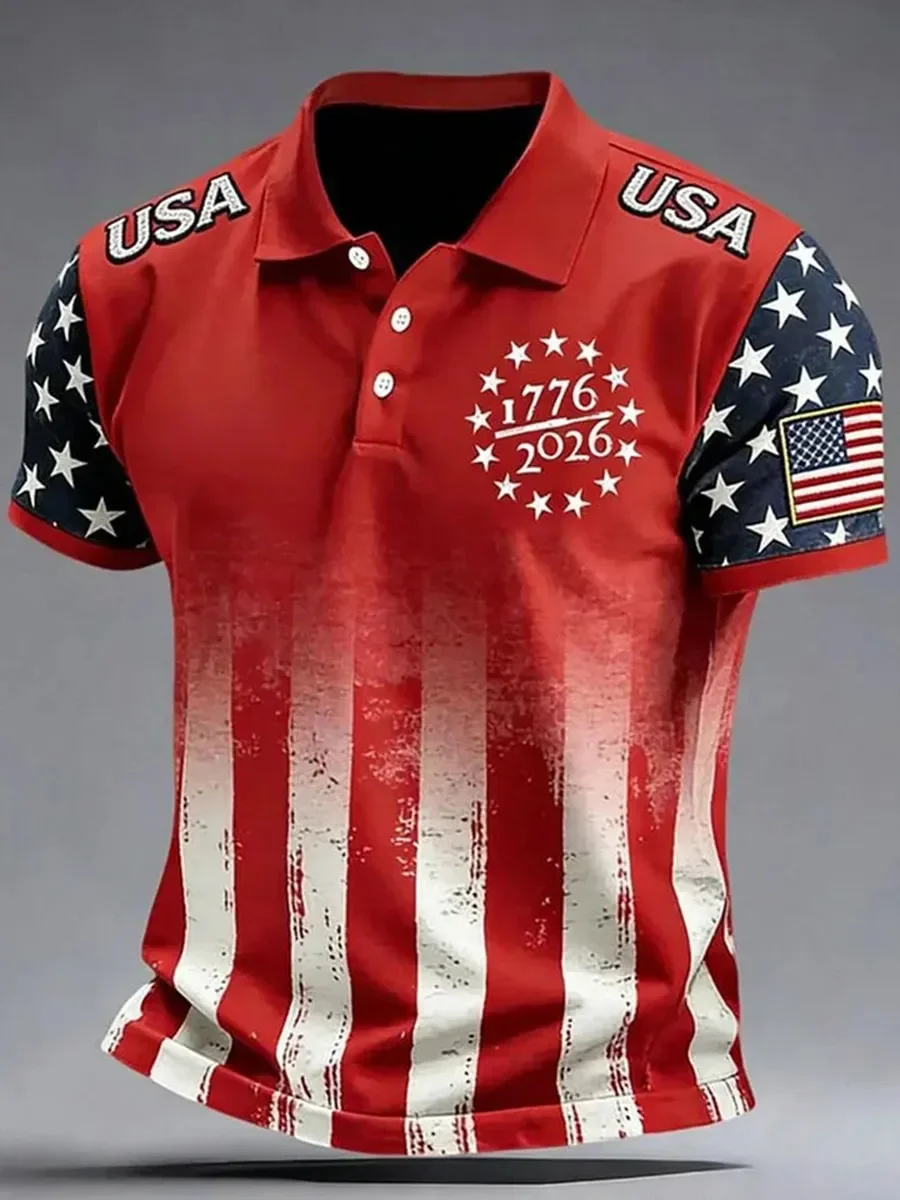 Men's American Flag Print Polo Shirt, 