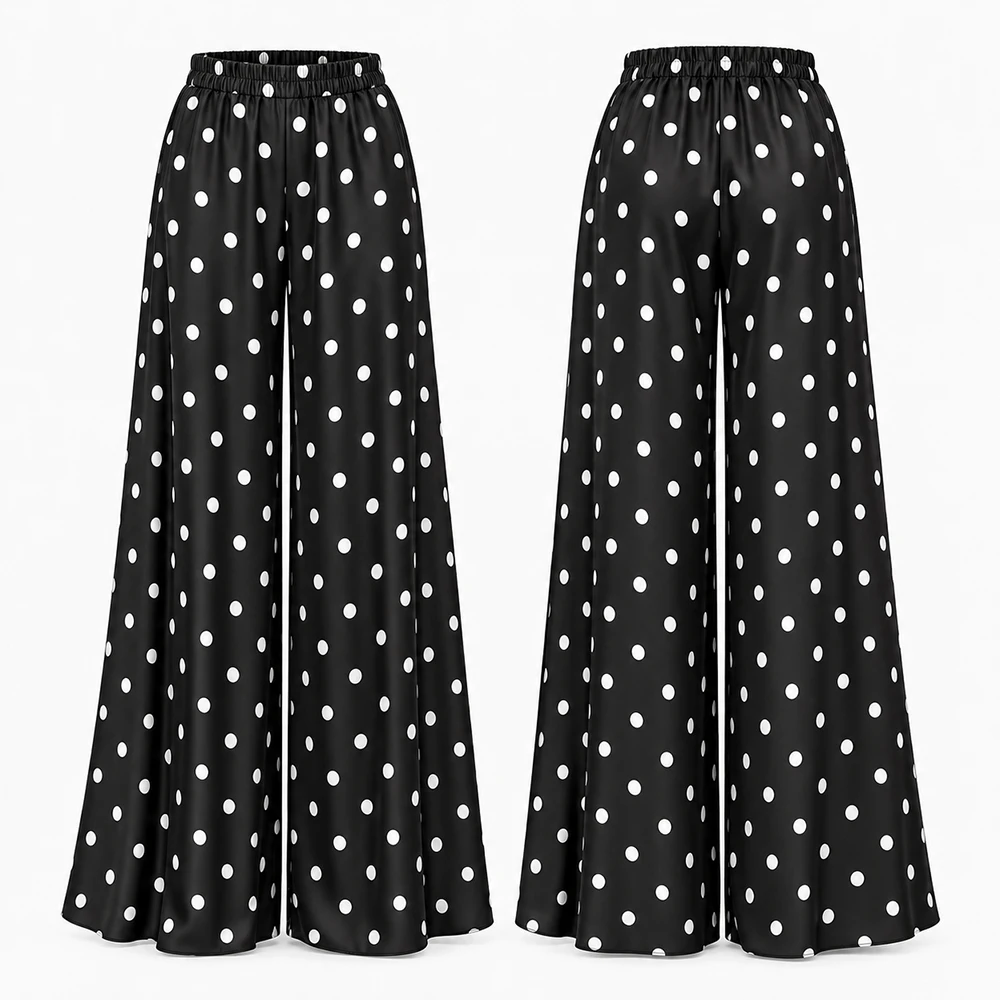 2026 New Women Polka Dot Print Palazzo Pants  Elastic Loose Wide Leg Pants Elegant Holiday Casual Trousers