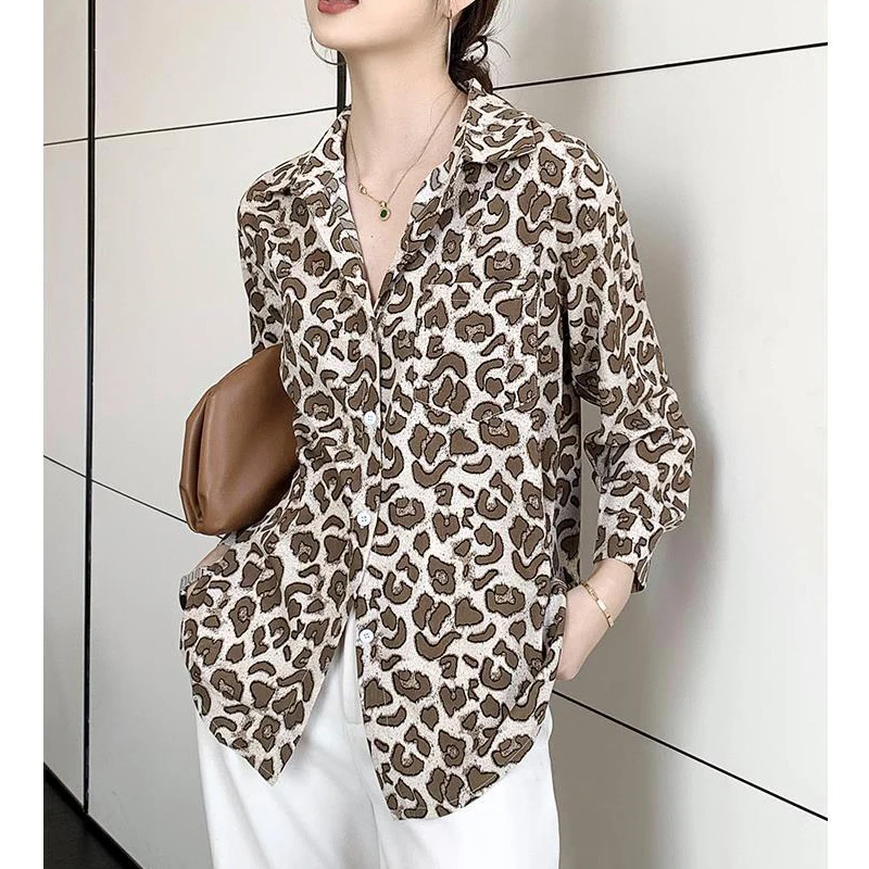 Women\'s Clothing Vintage Leopard Print Oversized Blouse Trendy Long Sleeve Button Shirt Casual Streetwear Tunic Tops Y2K Blusas