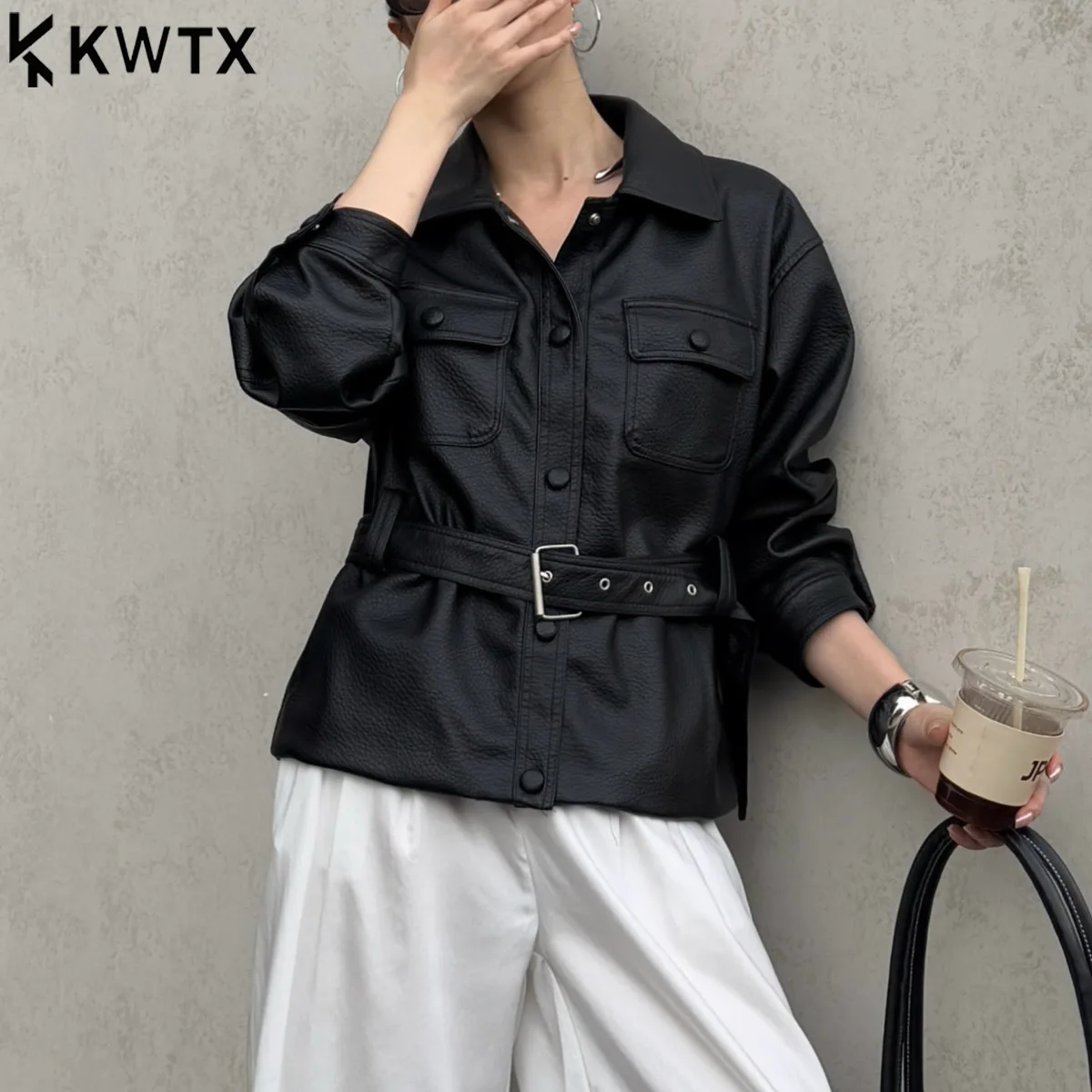 

KWTX Women’s Short Leather Trench Coat Lapel Single Breasted Belted Pockets Elegant Slim Fit Casual Spring Summer 2025