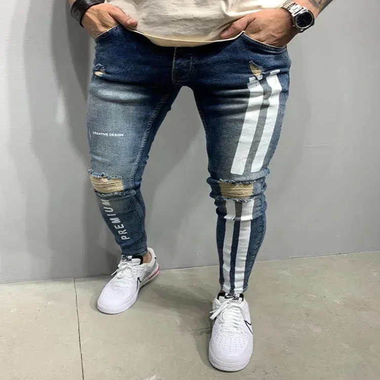 

2024 New European and American Style Men's Slim-Fit Ripped Slim-Fit Pants, Fashionable Street Printed Striped Denim Long Pants