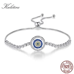 KALETINE Pure 925 Silver Bracelet Adjustable Beads Evil Eye Blue Cubic Zirconia Tennis Bracelets For Women Mens Jewelry KLTB015