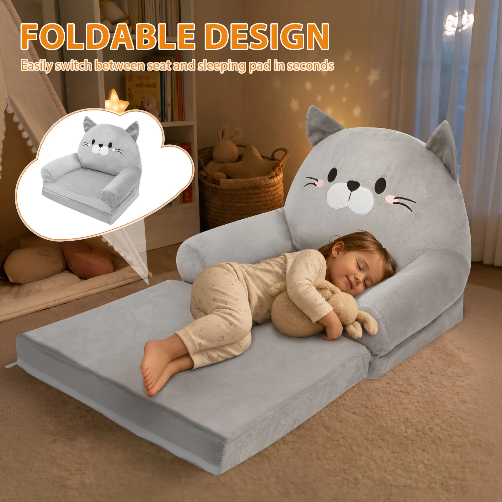 Foldable Kids Sofa Baby Seat Chair Foam Filled Toddler Sleeping Couch Reading Armchair for Reading Relaxing Nursery Bedroom