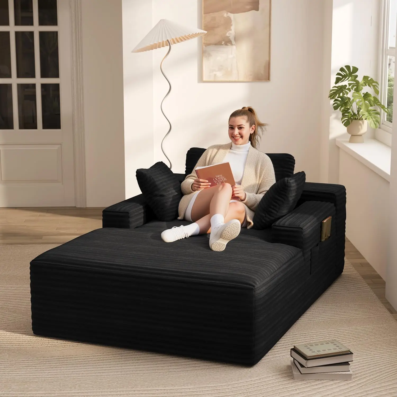 

Chaise Lounge Indoor, 67' Oversized Sleeper Chair, Corduroy Upholstered Boneless Sofa Bed, Cloud