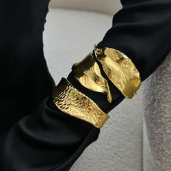 Exaggerated Punk Vintage Chunky Wide Cuff Bangles for Women Goth Gold Color Leaf Spring Arm Bracelets Women Couple Hand Jewelry
