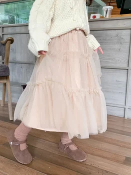 Girls Fluffy Mesh A-Line Skirt 4 Spring Girls' Skirts Children's Trendy Versatile Large Skirt Hem Gauze Skirts Medium And Small Girls Fluffy Mesh Half Skirt 4