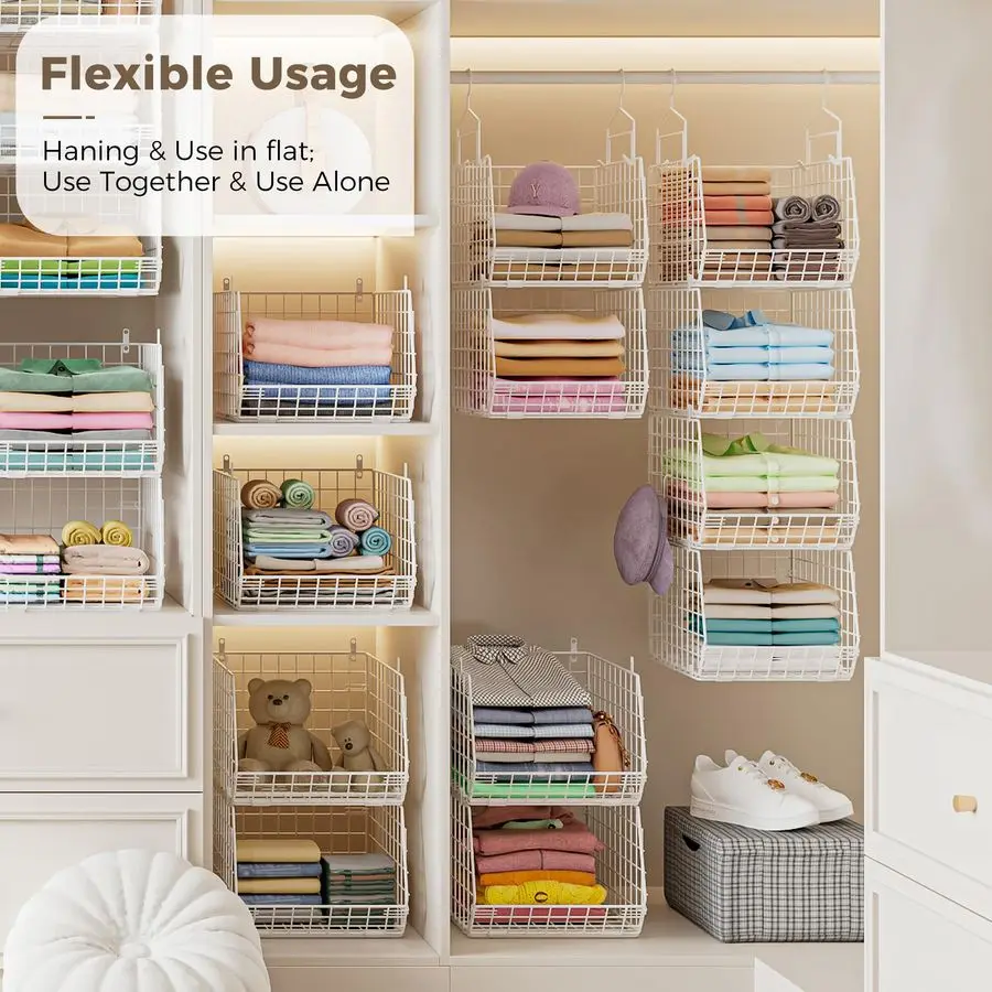 Extra Deeper Foldable Hanging Closet Organizer, Small Wire Cabinet Shelves and Storage with 5 S Hooks,4 Tier Metal Basket Bins f