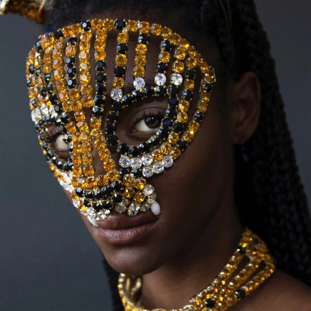 Stonefans African Cheetah Rhinestone Mask Chain Halloween Accessories 2024 Rave Cosplay Crystal Face Jewelry Veil for Women Men