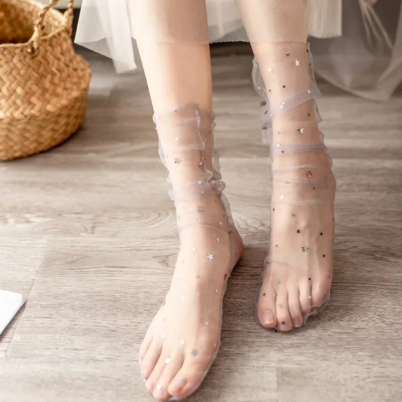 Stars Lace Mesh  Socks Women Transparent Mesh Ankle Socks Lady Ultra-Thin Princess Tulle Socks Streetwear Summer
