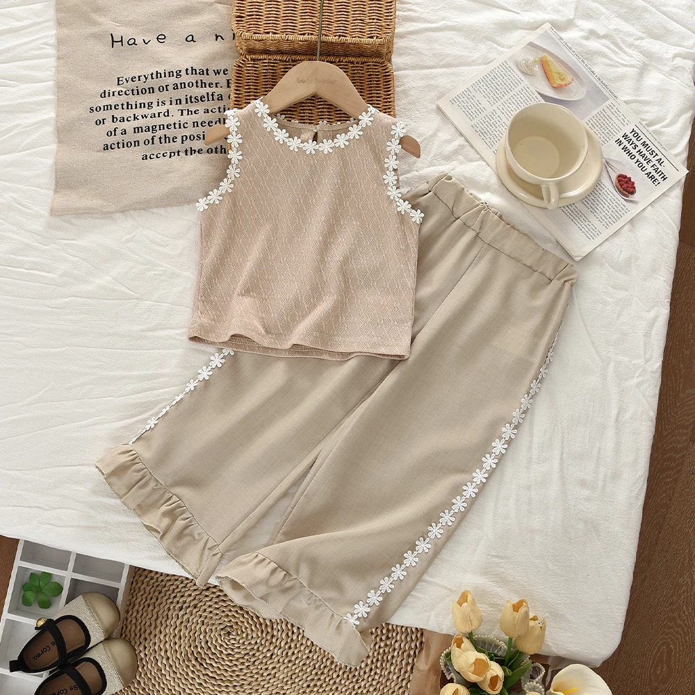 Korean Version Plain Flower Decoration Girls' Clothing Geometric Print Sleeveless Top + Spliced Pants Children's Two-piece Set
