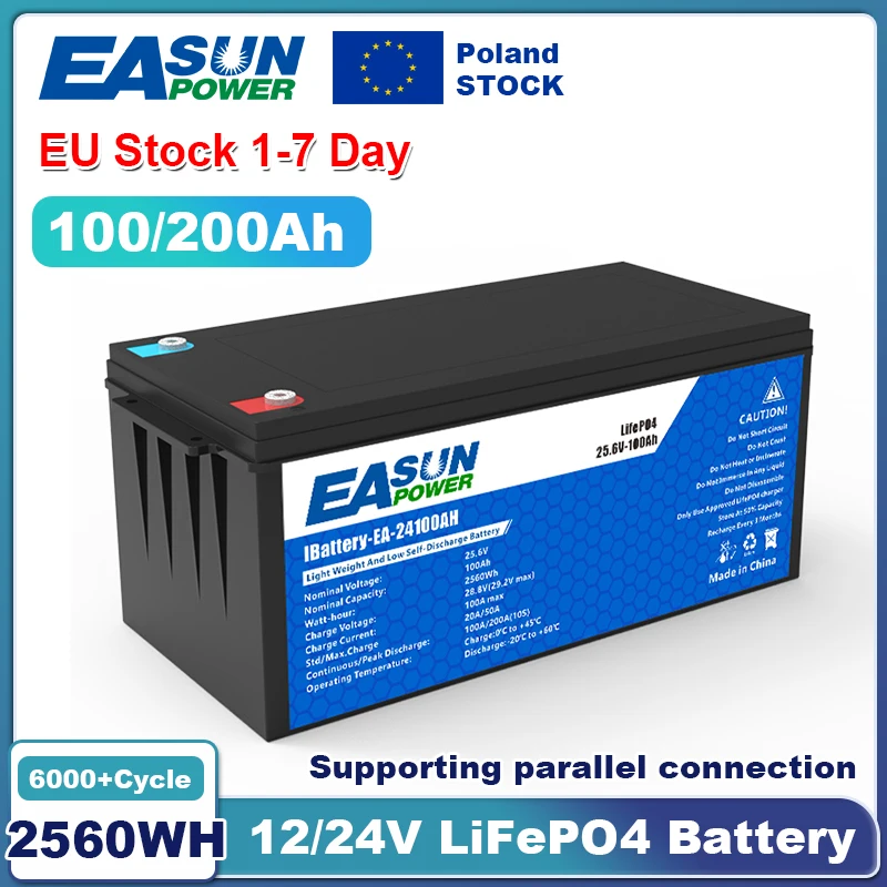 EASUN 100AH 200AH 12V LiFePO4 Battery 24V Lithium Iron Phosphate Battery BMS Touring Car Solar RV Campers EU Stock Tax Free