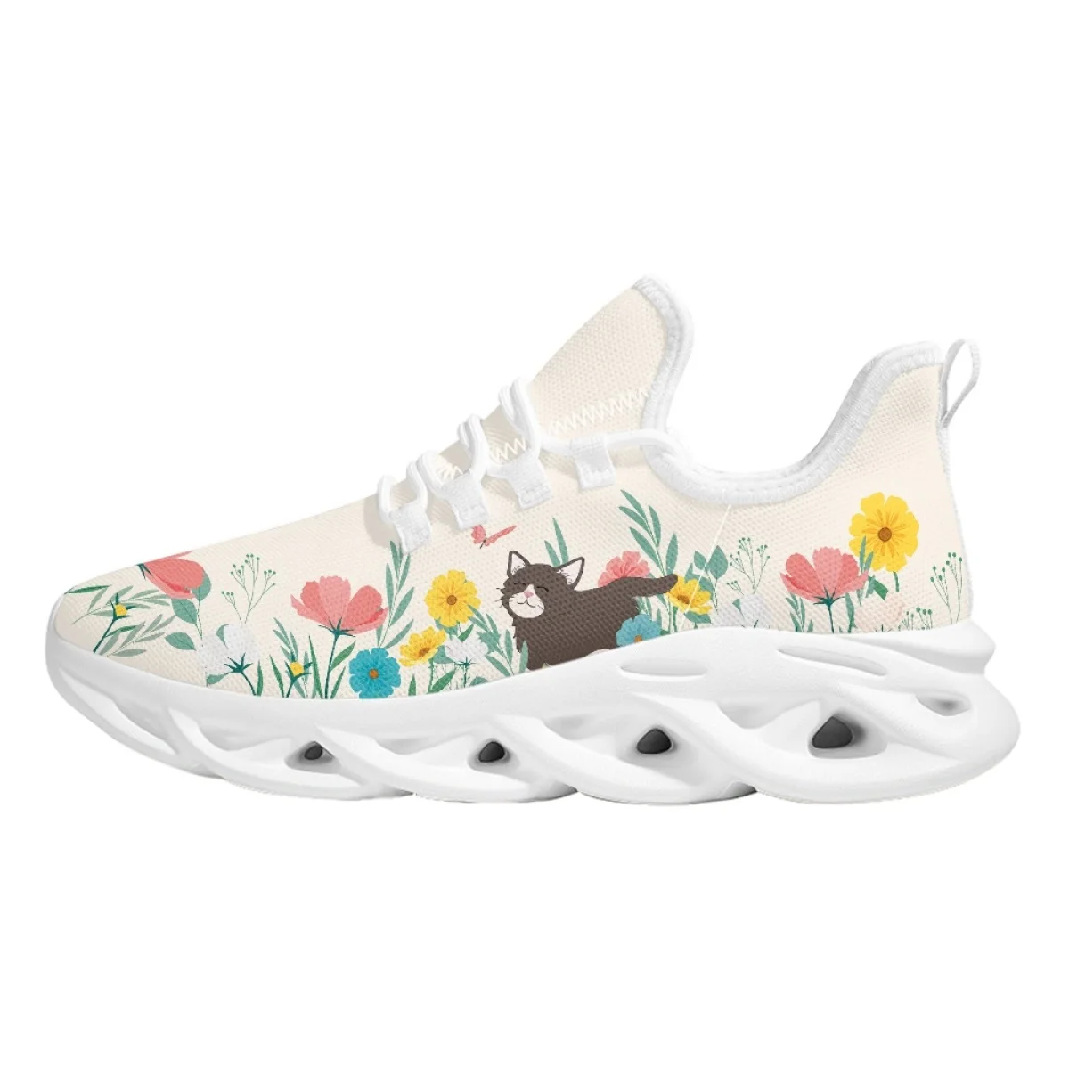 Cute Cat Flower Cartoon Print Ladies Flat Shoes Spring Autumn Outdoor Travel Walking Footwear Casual Durable Non-Slip Sneakers