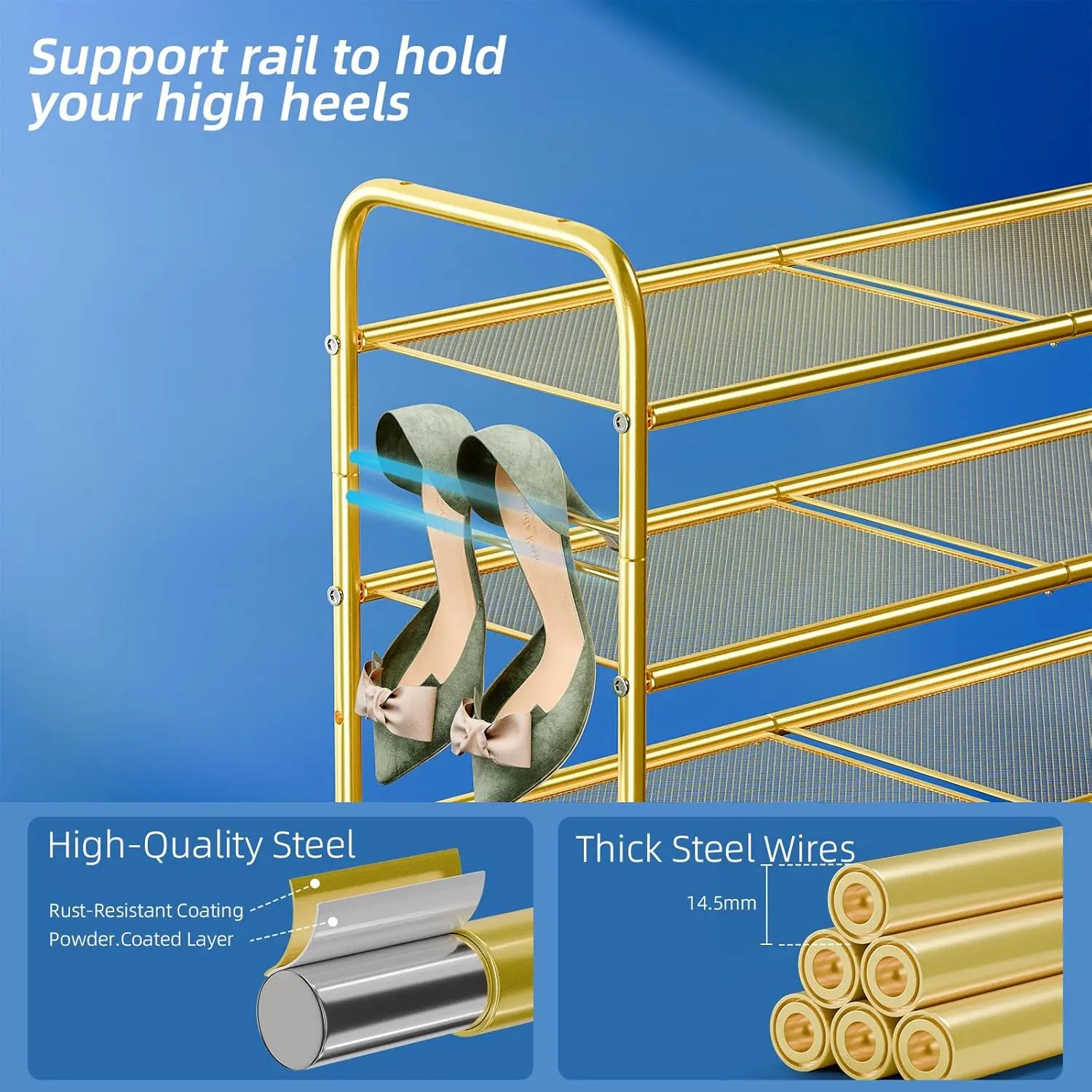 Shoe Rack for Closet, 33 inch Metal Shoe Shelf Heavy Duty, 3 Tier Mesh for Shoes, Gold
