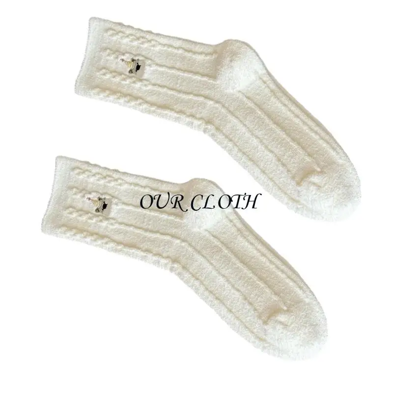 Winter Fleece Lined Middle Calf Socks Warm Embroidery Design Thermal Insulated Cold Weather Thick Knitted Y1AC