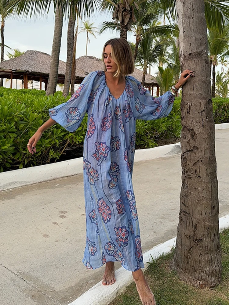 Printed V Neck Women Dresses Loose Half Sleeve Lady Dress 2024 Beach Holiday Fashion Elegant Summer Straight Female Party Robe