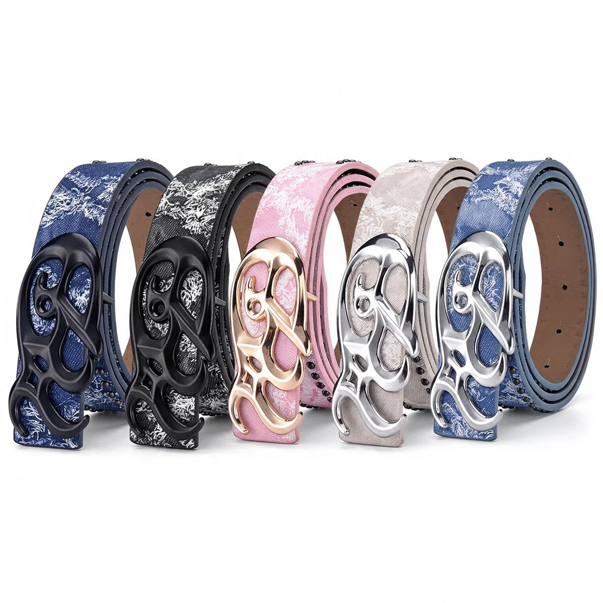 Unisex Y2K Punk Western Printed PU Belt Double Row Studded Irregular Metal Buckle Waistband For Jeans Skirt Streetwear Accessory