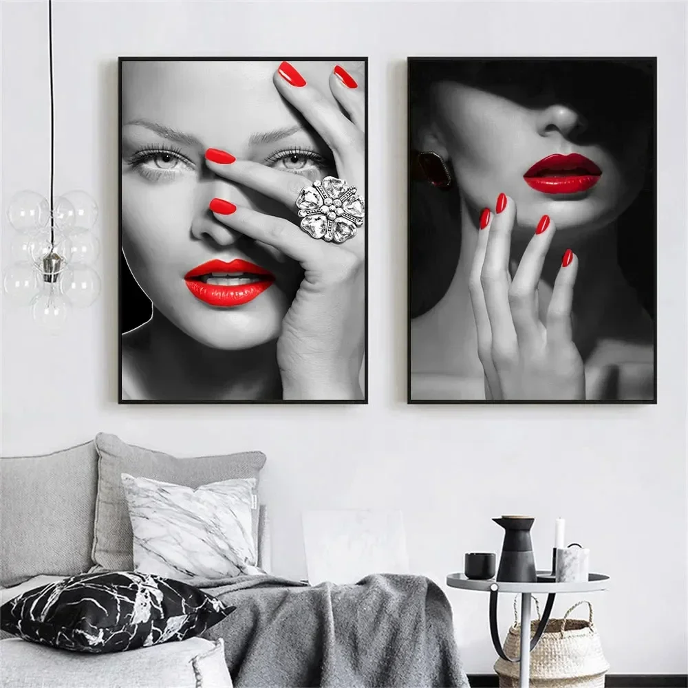 Modern Fashionable Makeup Women Posters Canvas Print Wall Art Red Lips and Manicure for Living Room Home Decoration