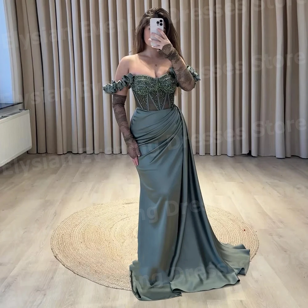 Romantische frauen Meerjungfrau Perlen Seite Schlitz Abendkleider Angepasst Robe De Soirée Prom Kleider Langarm Vestidos Para Mujer