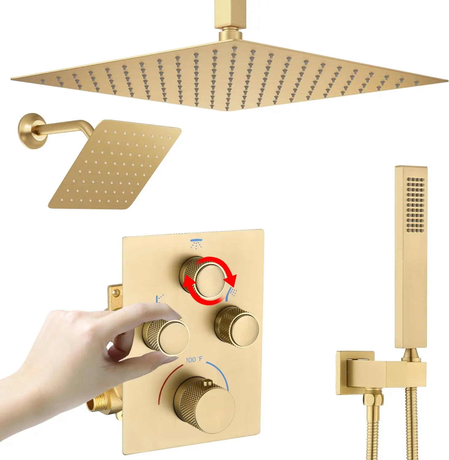 

Brushed Gold Brass Wall Mounted Dual Shower Heads Rainfall 3 Way Thermostatic Rain Bathroom Bath & Shower Faucet system set